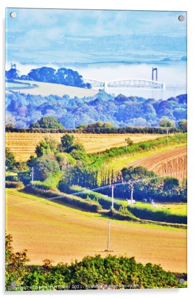 Cornish Farmland & The Tamar Bridges. Acrylic by Neil Mottershead