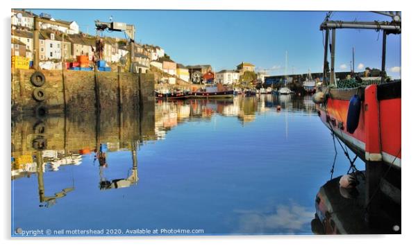 Mevagissey Harbour Reflections. Acrylic by Neil Mottershead