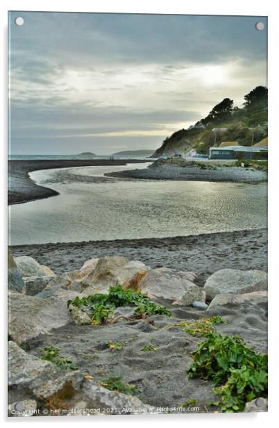 Seaton Beach & Looe Island. Acrylic by Neil Mottershead