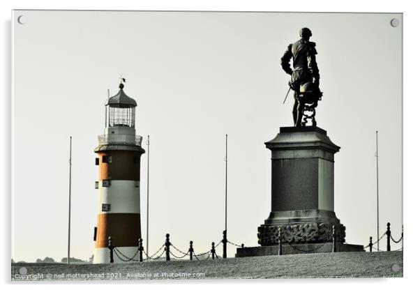 Sir Francis Drake & Smeaton's Tower, Plymouth. Acrylic by Neil Mottershead