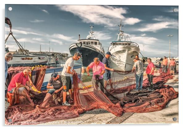 Local fishermen mending their nets in Trapani harbor on Sicily Acrylic by Frank Bach