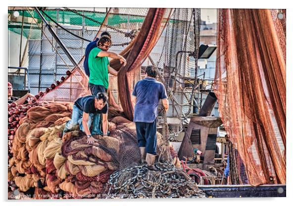 Local fishermen mending their nets in Trapani harbor on Sicily Acrylic by Frank Bach