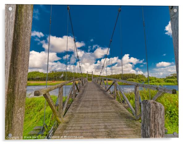 Kong Hans suspension  bridge in Skjern meadows Ringkoebing, Denmark Acrylic by Frank Bach