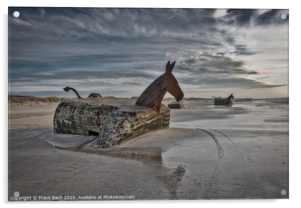 Bunker Mules horses on Blaavand Beach, North Sea coast, Denmark Acrylic by Frank Bach