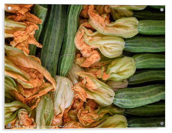 Zucchini with yellow flowers for sale on a farmers market, Rome Acrylic by Frank Bach