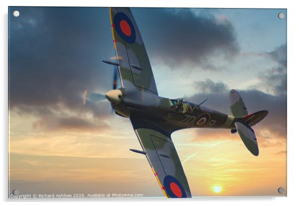 WW2 Supermarine Spitfire at sunset Acrylic by Richard Ashbee