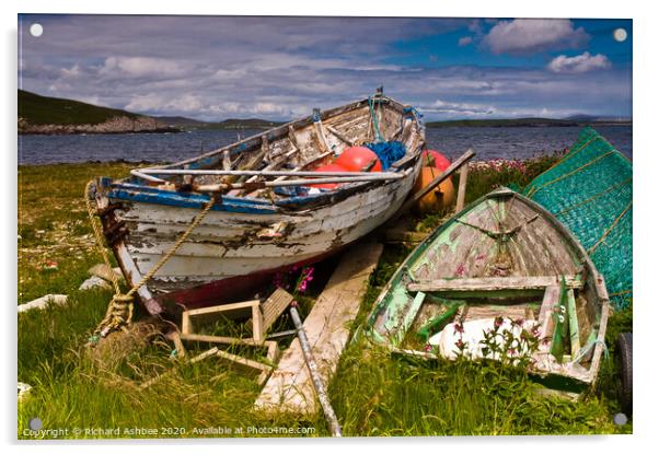 Old decaying fishing boats in Shetland Acrylic by Richard Ashbee
