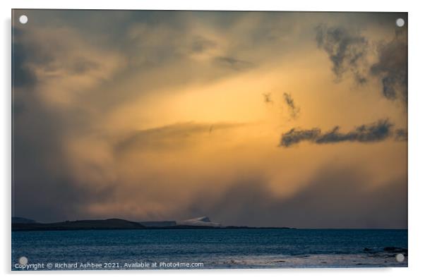 Storm clouds over a snowy Noss in Shetland Acrylic by Richard Ashbee