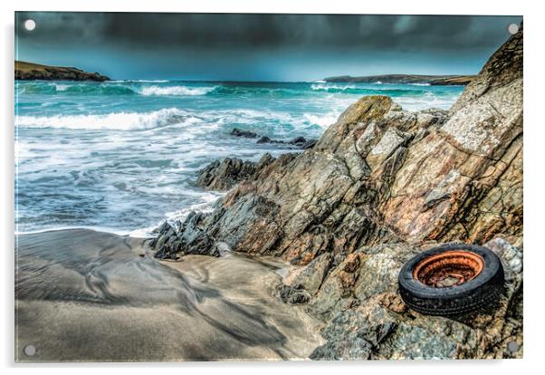 Tyre on the beach Scousburgh Shetland Acrylic by Richard Ashbee
