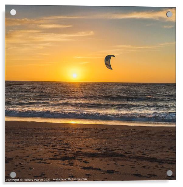 Kitesurfer at Sunset on the beach at South Milton  Acrylic by Richard Fearon
