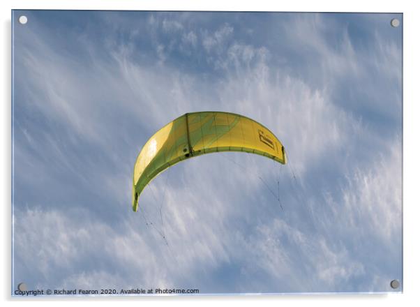 Yellow Kite Surf Flying Acrylic by Richard Fearon