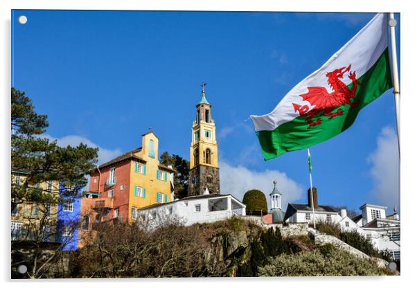 Welsh flag flying at Portmeirion village Acrylic by Tim Snow