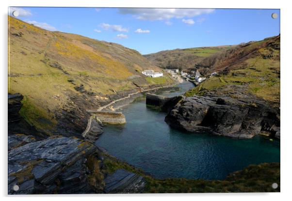 Boscastle as seen from Penally Point. Acrylic by Peter Barber
