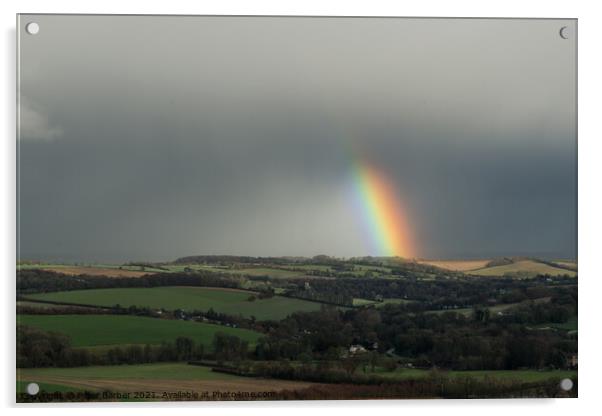 A rainbow over fields in the hampshire countryside Acrylic by Peter Barber