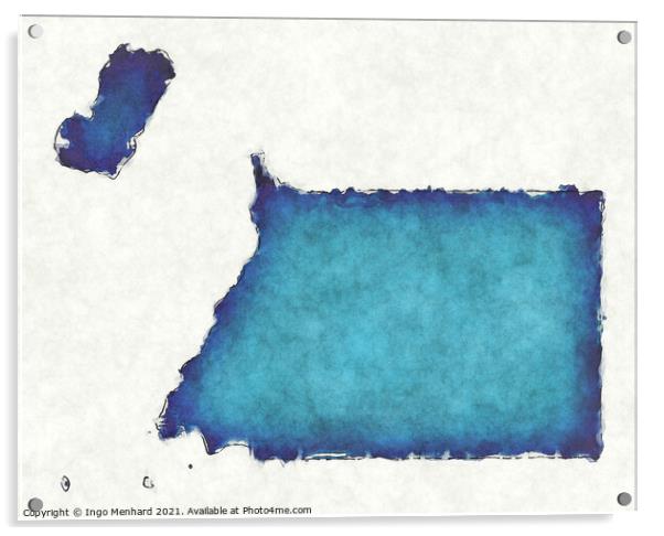 Equatorial Guinea map with drawn lines and blue watercolor illus Acrylic by Ingo Menhard