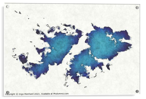 Falkland Islands map with drawn lines and blue watercolor illust Acrylic by Ingo Menhard