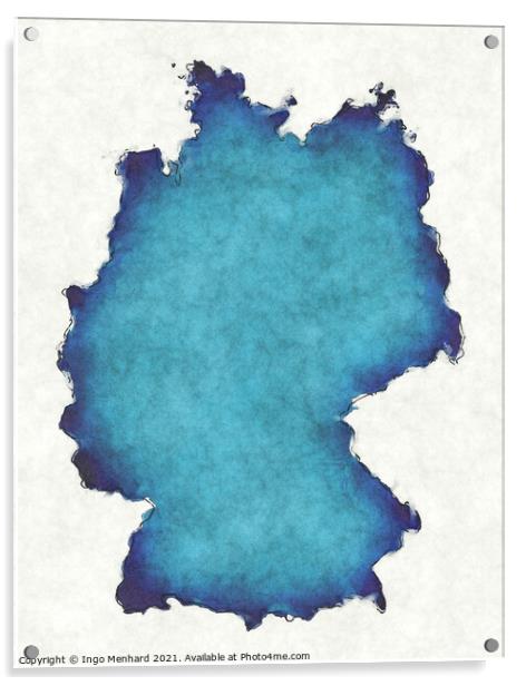 Germany map with drawn lines and blue watercolor illustration Acrylic by Ingo Menhard
