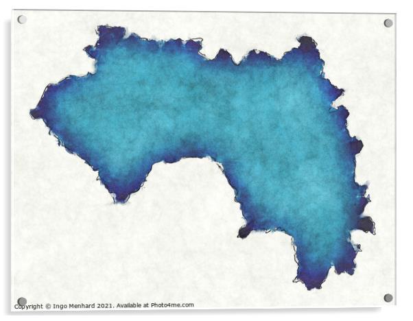 Guinea map with drawn lines and blue watercolor illustration Acrylic by Ingo Menhard