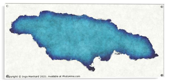 Jamaica map with drawn lines and blue watercolor illustration Acrylic by Ingo Menhard