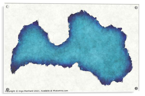 Latvia map with drawn lines and blue watercolor illustration Acrylic by Ingo Menhard