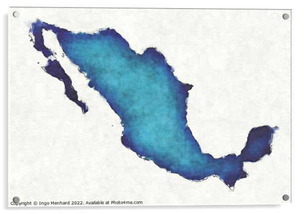 Mexico map with drawn lines and blue watercolor illustration Acrylic by Ingo Menhard