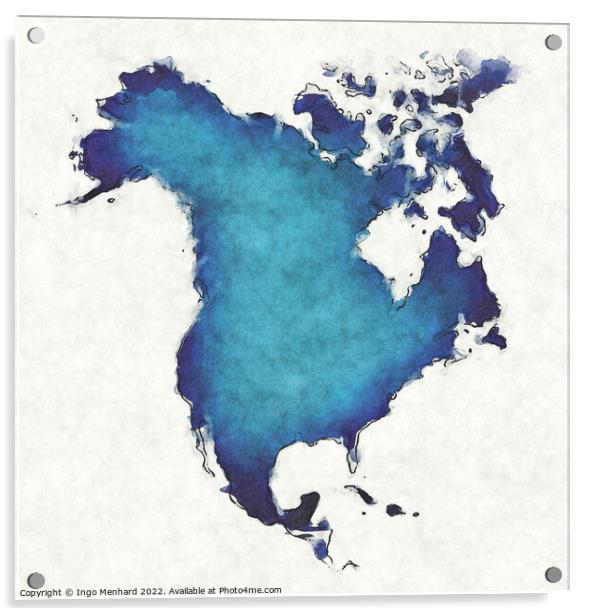 North America map with drawn lines and blue watercolor illustrat Acrylic by Ingo Menhard