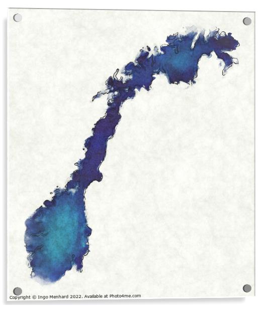Norway map with drawn lines and blue watercolor illustration Acrylic by Ingo Menhard