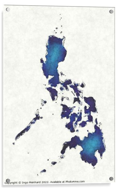 Philippines map with drawn lines and blue watercolor illustratio Acrylic by Ingo Menhard