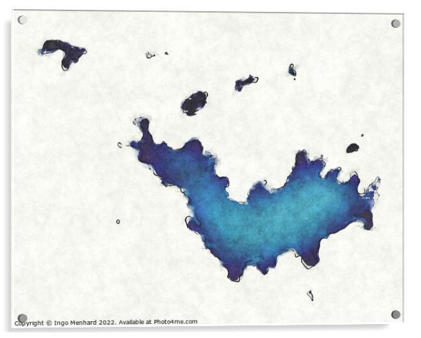 Saint Barthelemy map with drawn lines and blue watercolor illust Acrylic by Ingo Menhard