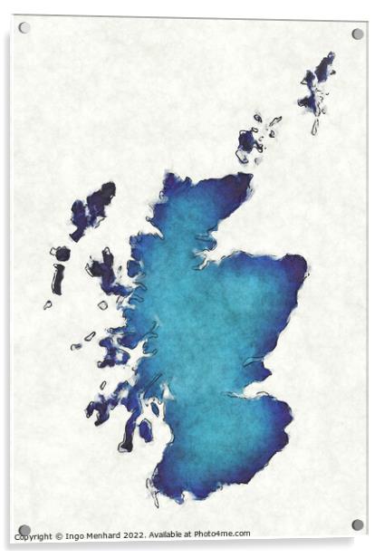 Scotland map with drawn lines and blue watercolor illustration Acrylic by Ingo Menhard