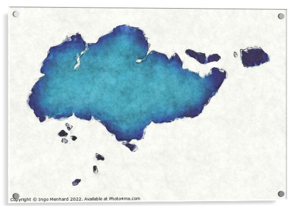 Singapore map with drawn lines and blue watercolor illustration Acrylic by Ingo Menhard