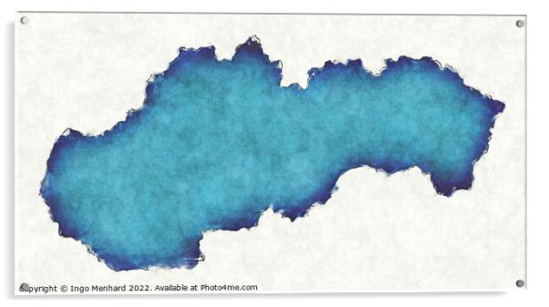 Slovakia map with drawn lines and blue watercolor illustration Acrylic by Ingo Menhard