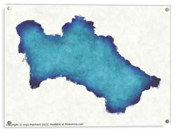 Turkmenistan map with drawn lines and blue watercolor art Acrylic by Ingo Menhard