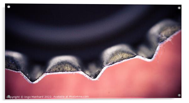 A macro shot of a glass bottle aluminum  cap edges on a pinky background Acrylic by Ingo Menhard