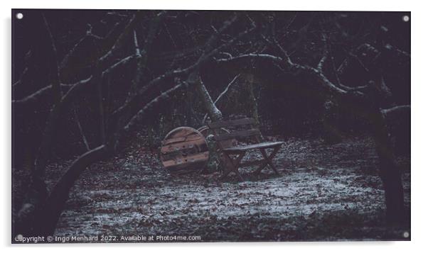 Wooden bench on the icy meadow Acrylic by Ingo Menhard