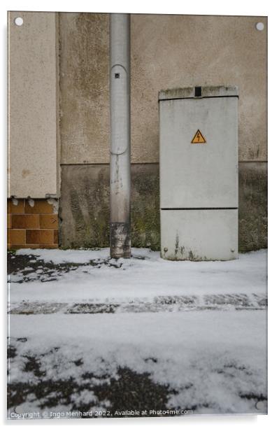 Vertical of an electricity control box on the snowy road Acrylic by Ingo Menhard