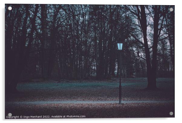 Glowing lamp post in the park on a winter morning Acrylic by Ingo Menhard