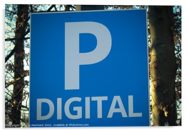 Closeup shot of a blue and white parking sign on a blurred background Acrylic by Ingo Menhard