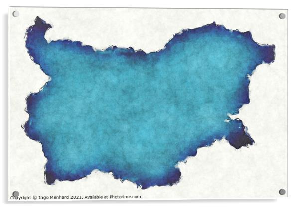 Bulgaria map with drawn lines and blue watercolor illustration Acrylic by Ingo Menhard