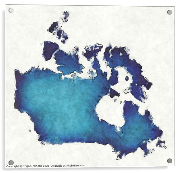 Canada map with drawn lines and blue watercolor illustration Acrylic by Ingo Menhard
