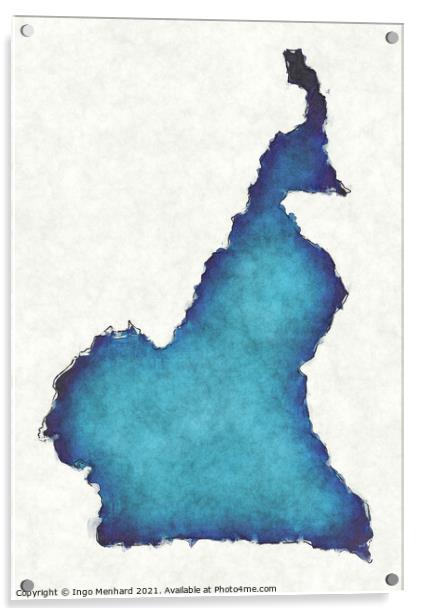 Cameroon map with drawn lines and blue watercolor illustration Acrylic by Ingo Menhard