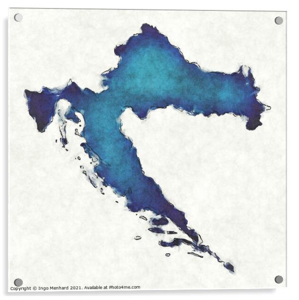 Croatia map with drawn lines and blue watercolor illustration Acrylic by Ingo Menhard