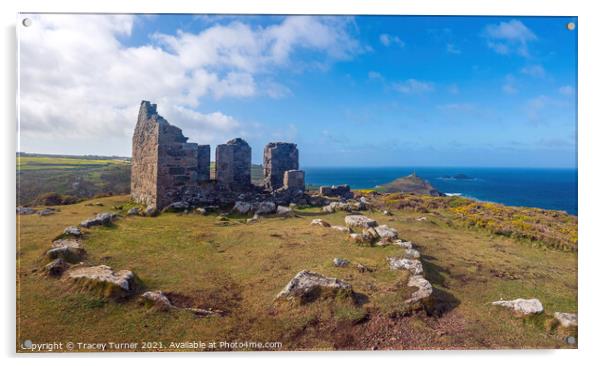 Kenidjack Cliff Castle Panorama with Cape Cornwall Acrylic by Tracey Turner