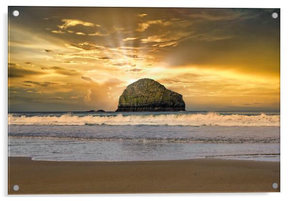 Gull Rock at Trebarwith Strand in Cornwall Acrylic by Tracey Turner
