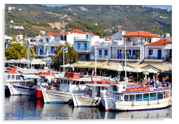 Ferries in the old port at Skiathos in Greece. Acrylic by john hill