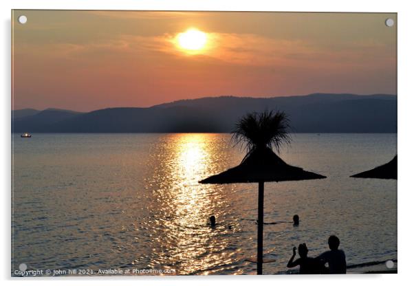 Sunset at Agia Eleni beach on  Skiathos in Greece. Acrylic by john hill