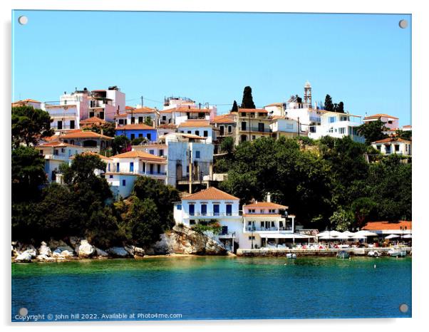 Skiathos town from the sea. Acrylic by john hill
