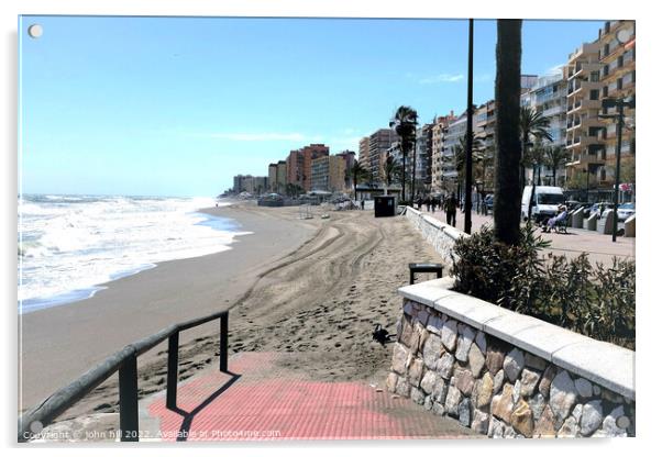 South beach and promenade on windy day, Fuengirola, Spain. Acrylic by john hill