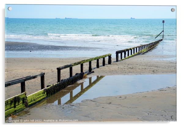 Single Groyne and Marker at Low tide. Acrylic by john hill