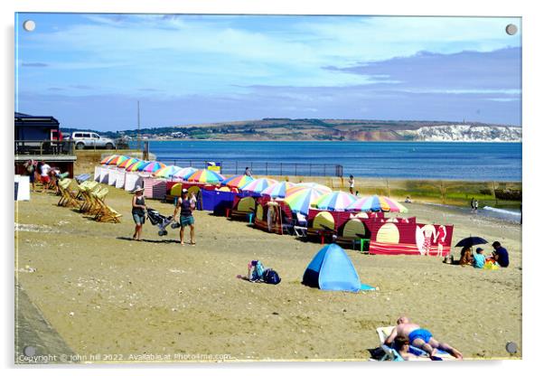 Line of Parasols on Shanklin beach on the Isle of Wight. Acrylic by john hill